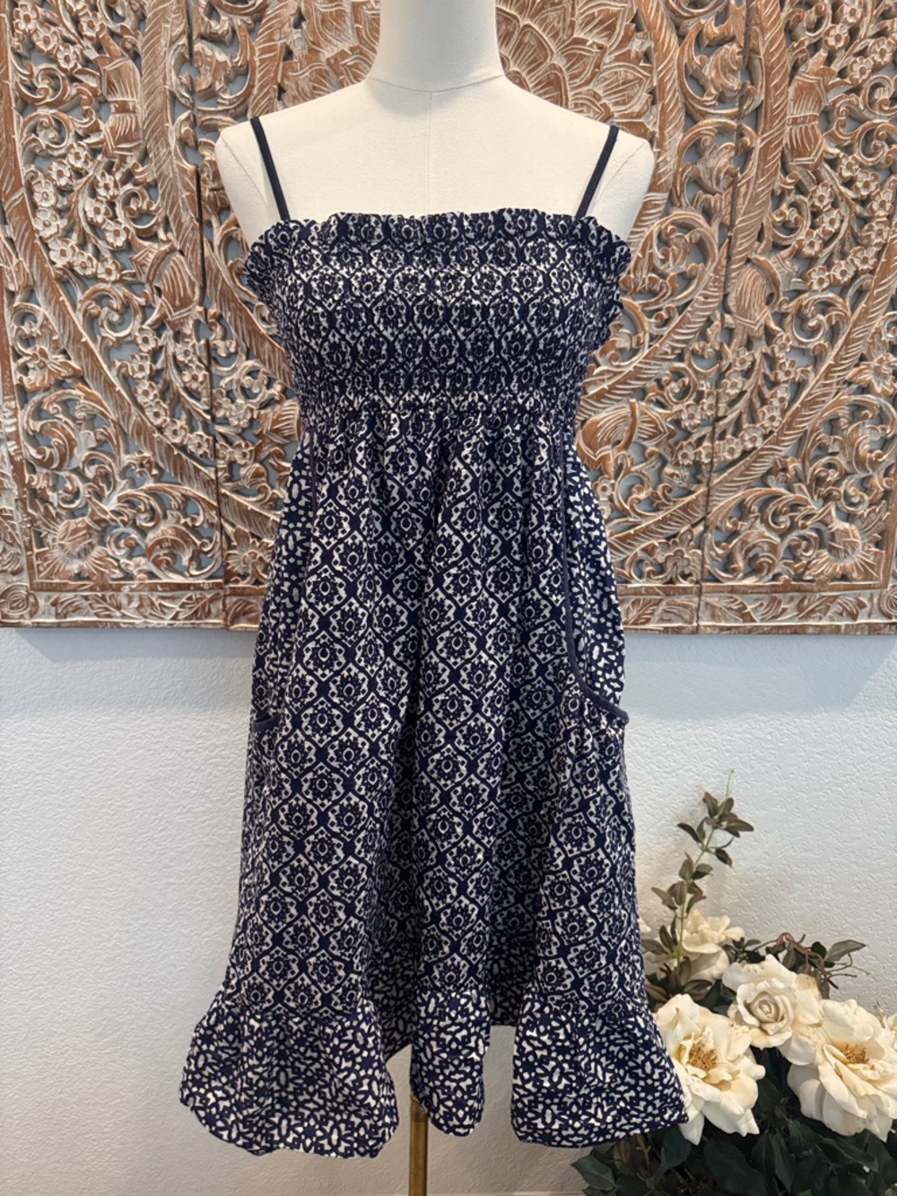 Speed Central New York Smocked Top Ruffle Bottom Babydoll Mini Dress w/ Pockets